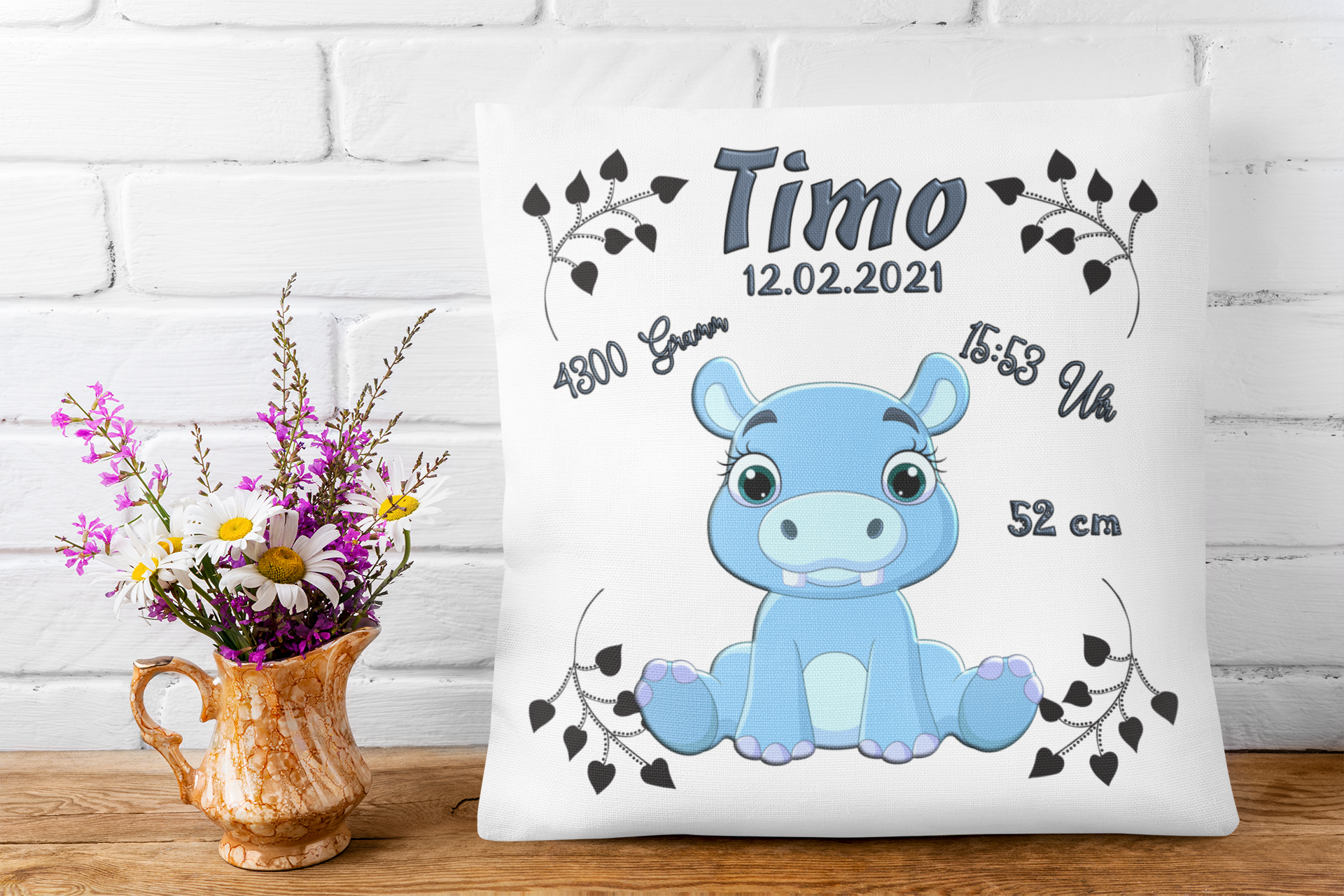 Kissen als Geschenk zur Taufe oder Geburt mit Namen & Datum Babykissen Hippo Blau personalisiertes Geburtskissen