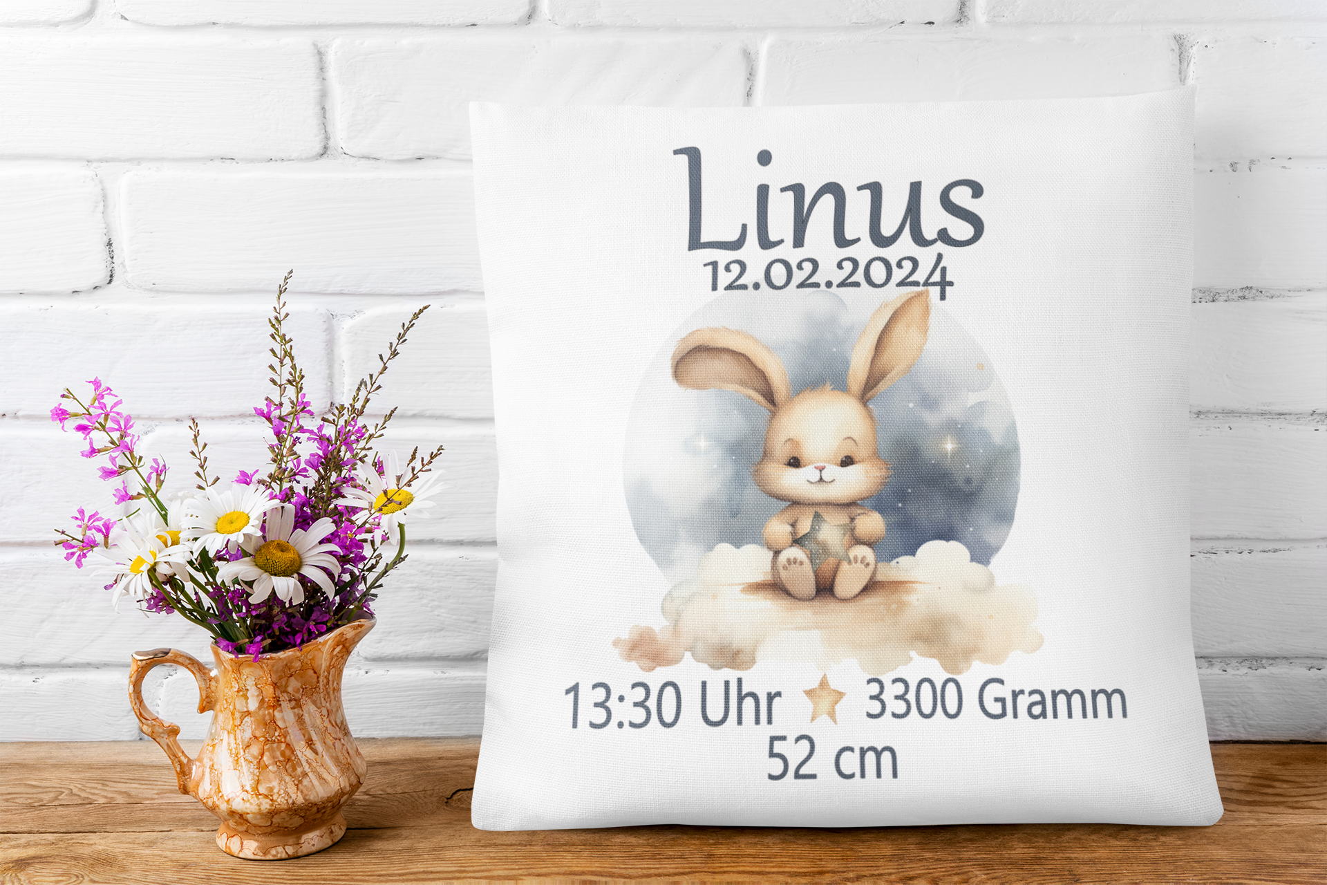 Geburts Geschenk Taufgeschenk Kissen mit Namen Personalisiert Geburtskissen Hase