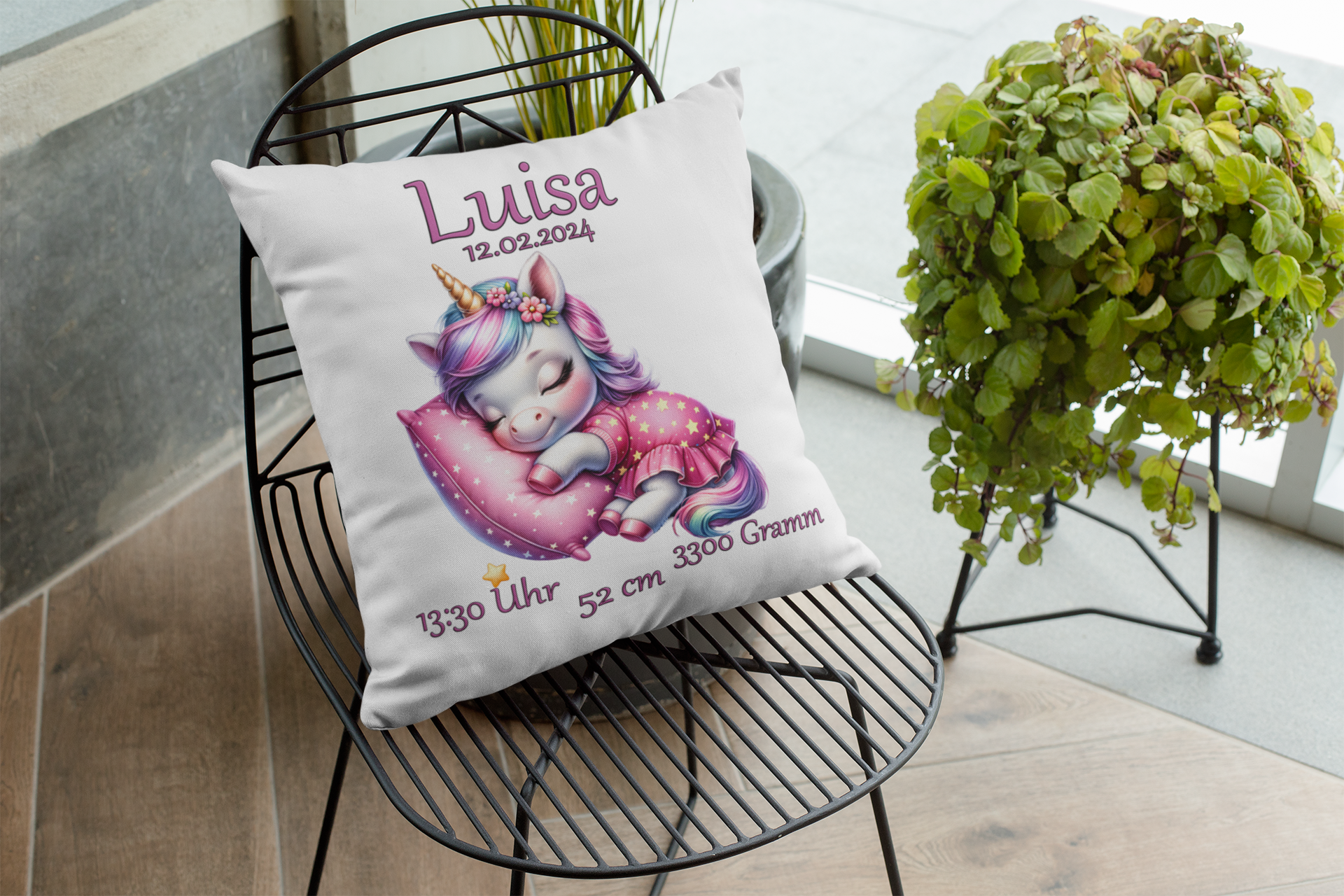 Baby Geschenk Mädchen Geburt Personalisiert Kissen mit Namen Einhorn Taufe