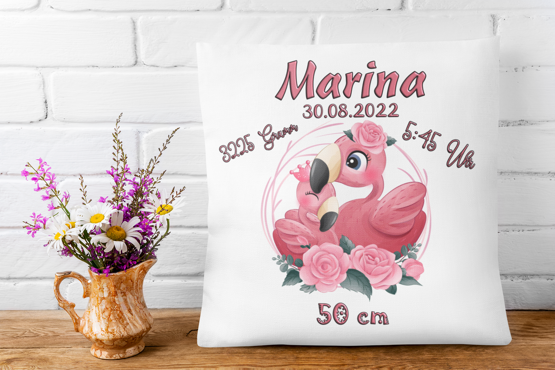 Kissen als Geschenk zur Taufe oder Geburt mit Namen & Datum Babykissen Flamingo personalisiertes Geburtskissen