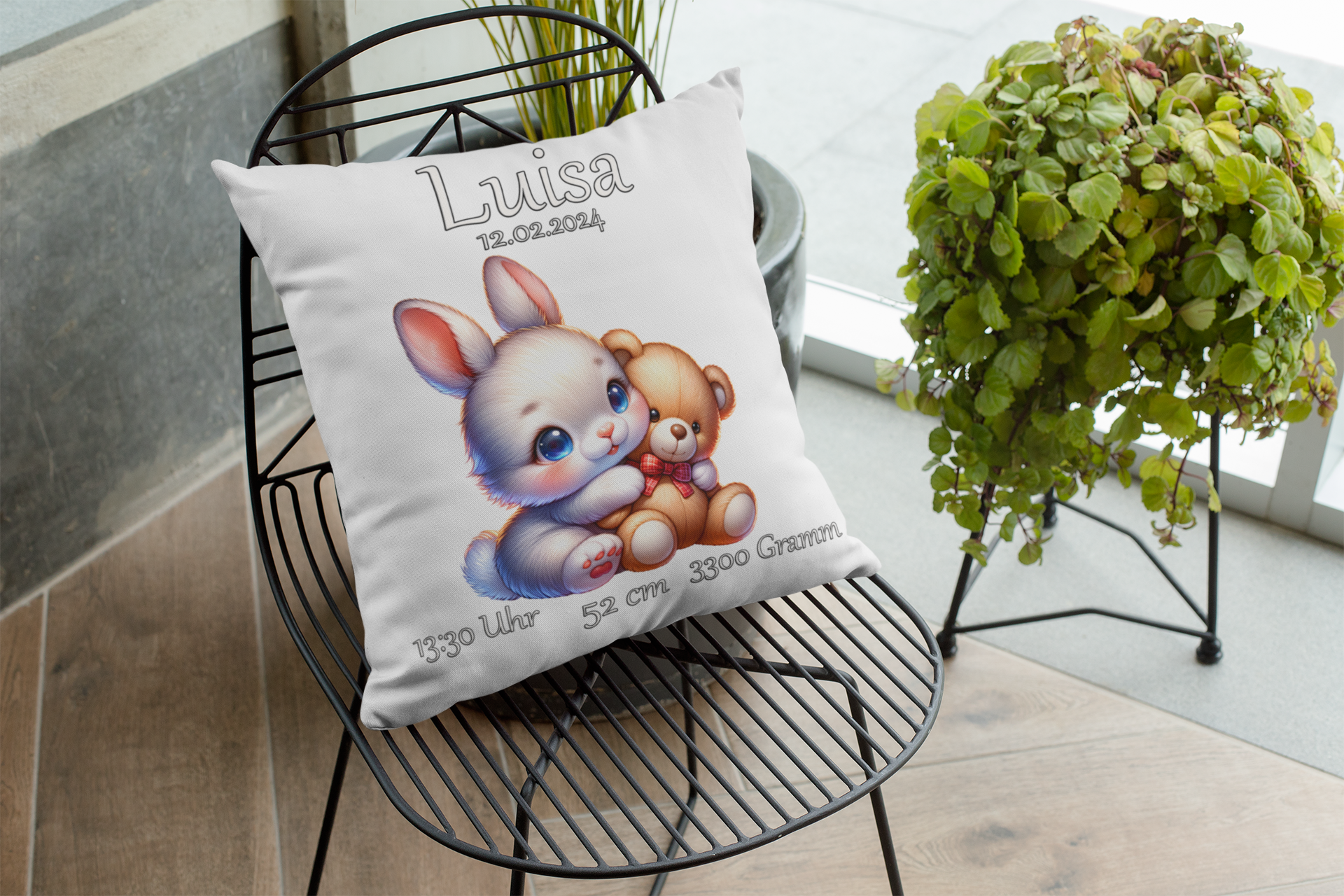 Baby Geschenk Kissen Personalisiert mit Namen Hase Teddybär Taufgeschenk Geburt