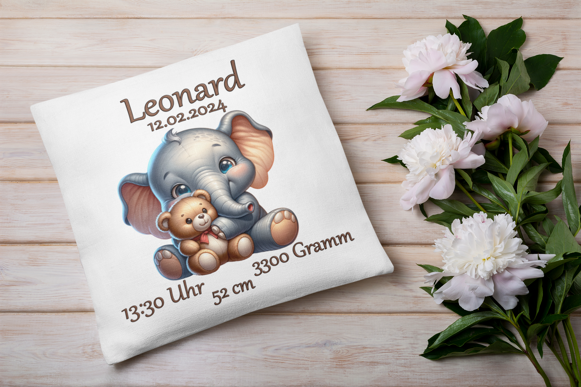 Babygeschenk Personalisiert Kissen mit Namen Elefant und Bär Mädchen Junge Taufe