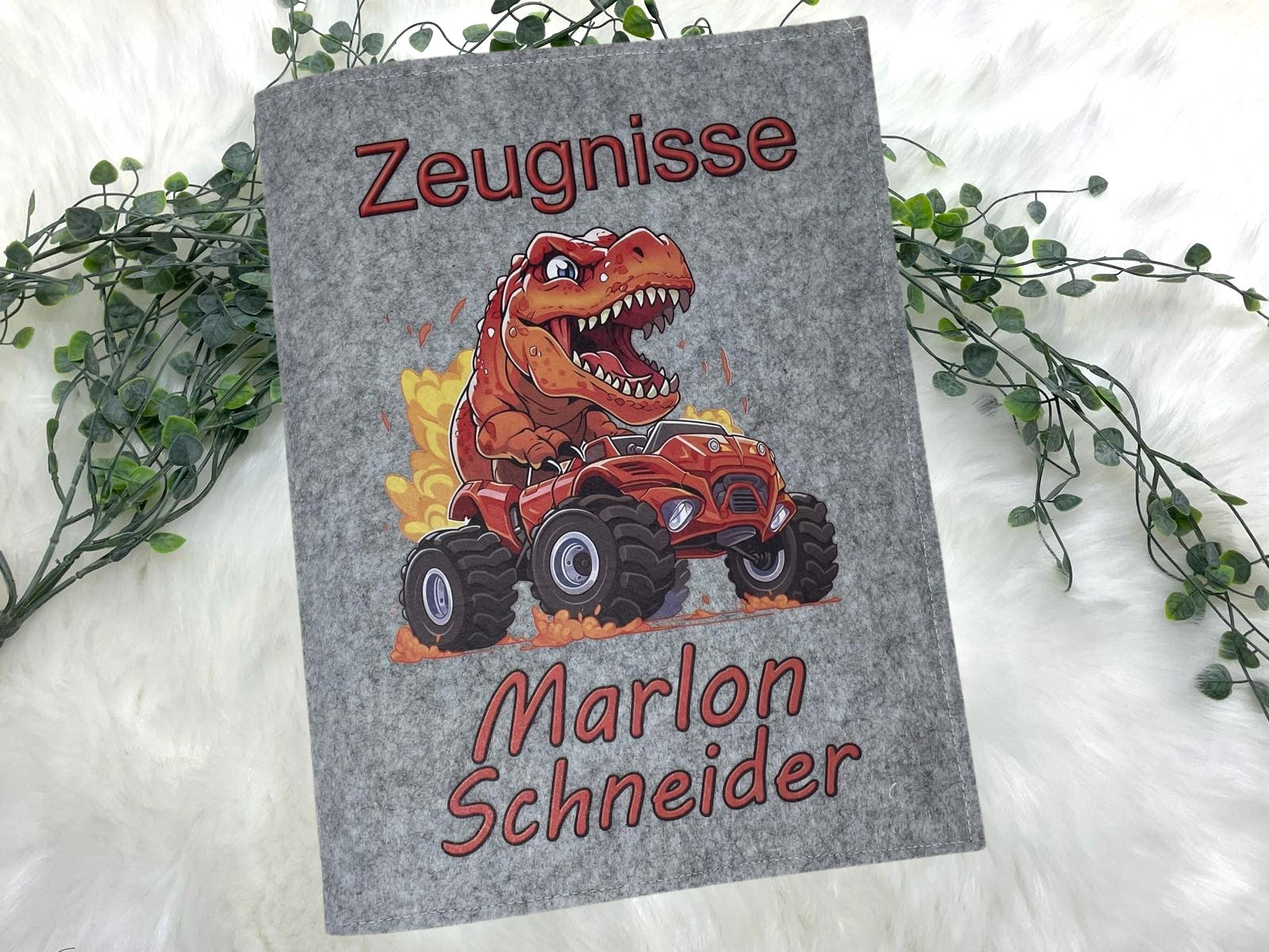 Zeugnismappe mit Namen - Mädchen und Jungen - Personalisiert Filz A4 Dino Orange - Dokumenten Urkunden Mappe Kinder - Hefter Zeugnisse