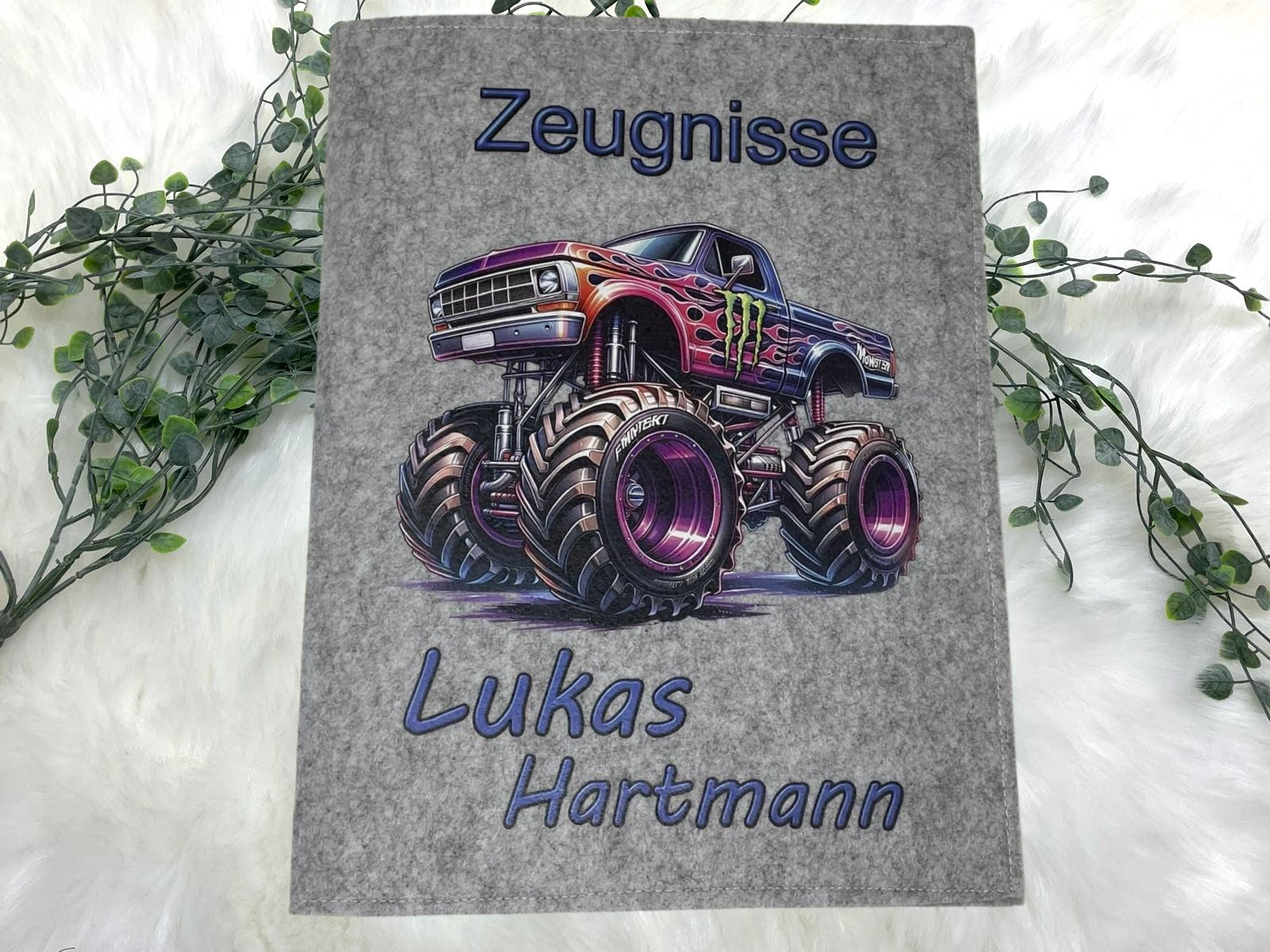 Zeugnismappe mit Namen - Mädchen und Jungen - Personalisiert Filz A4 Monstertruck - Dokumenten Urkunden Mappe Kinder - Hefter Zeugnisse