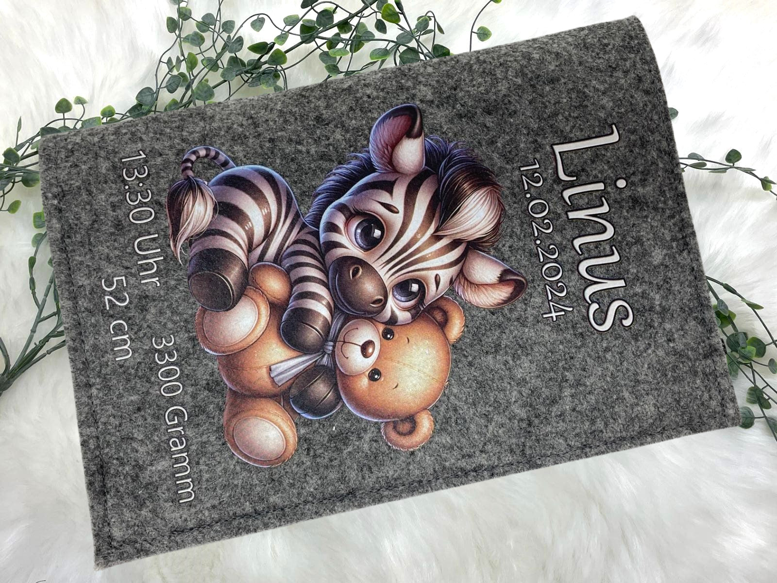 U Heft Hülle Filz personalisiert | Impfpass Zebra Teddy | Untersuchungsheft Hülle filz Geschenk Geburt | Junge Mädchen taufe