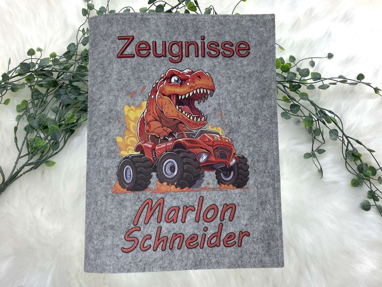 Zeugnismappe mit Namen - Mädchen und Jungen - Personalisiert Filz A4 Dino Orange - Dokumenten Urkunden Mappe Kinder - Hefter Zeugnisse