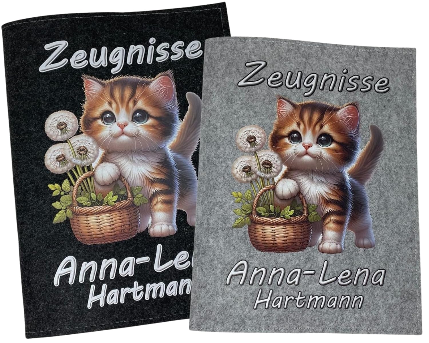 Zeugnismappe mit Namen - Mädchen und Jungen - Personalisiert Filz A4 Katze - Dokumenten Urkunden Mappe Kinder - Hefter Zeugnisse - Sichtbuch Grundschule