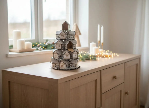 Adventskalender Holz mit filigranen Fenstern und Dachmustern