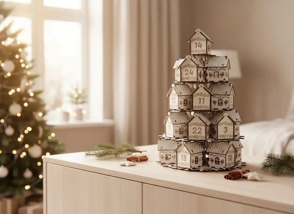 Kleine Holzhäuschen Adventskalender auf hellen Untergrund fotografiert