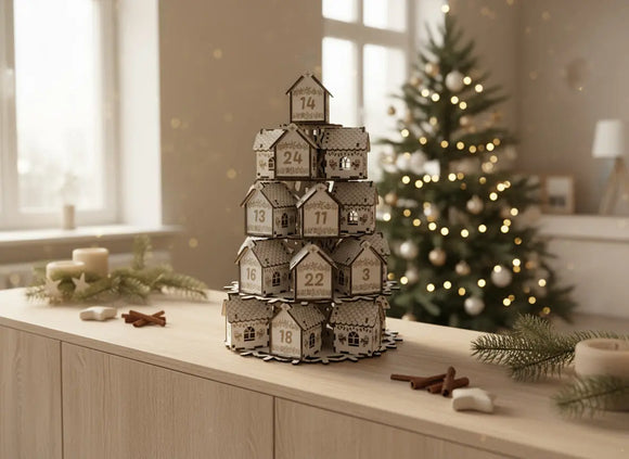 Adventskalender Holz Turm als moderne Weihnachtsdeko auf Sideboard
