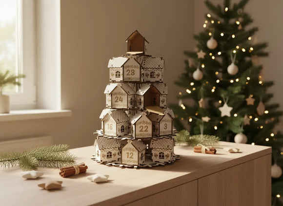 Adventskalender Häuschen aus Holz in neutraler skandinavischer Einrichtung