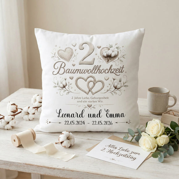 Romantisches Geschenk zum 2. Hochzeitstag – personalisiertes Baumwollhochzeit Kissen für Paare
