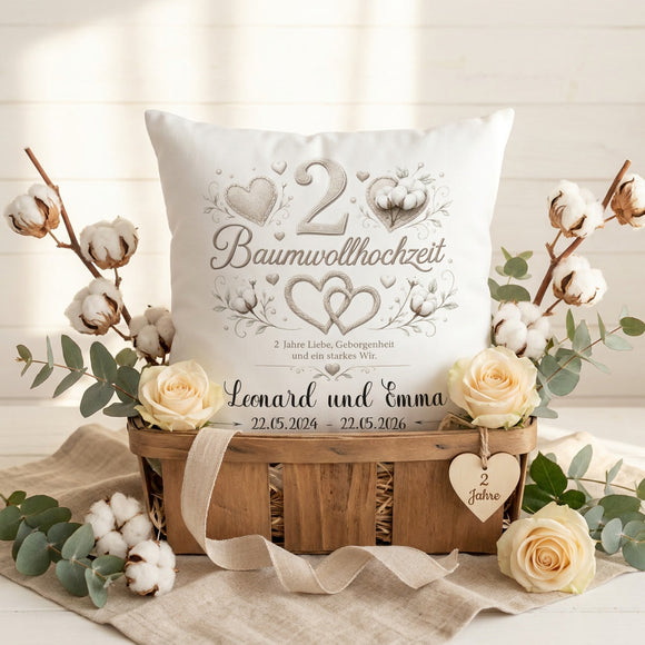 Personalisiertes Hochzeitstag Kissen zur Baumwollhochzeit als besonderes Ehejubiläum Geschenk