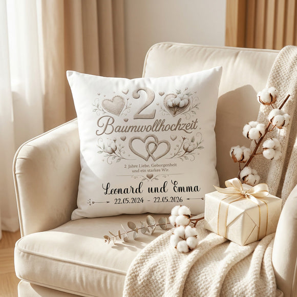 Baumwollhochzeit Geschenk mit Namen – individuelles Kissen zum 2. Hochzeitstag für Paare und Ehepartner