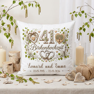 Geschenk Birkenhochzeit – personalisiertes Kissen mit Namen und Datum zum 41. Hochzeitstag
