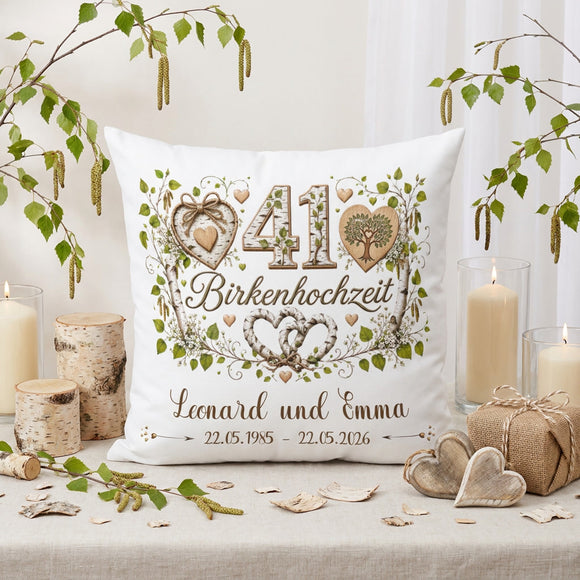 Geschenk Birkenhochzeit – personalisiertes Kissen mit Namen und Datum zum 41. Hochzeitstag