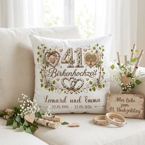 Geschenk 41. Hochzeitstag – personalisiertes Kissen zur Birkenhochzeit mit Namen und Datum