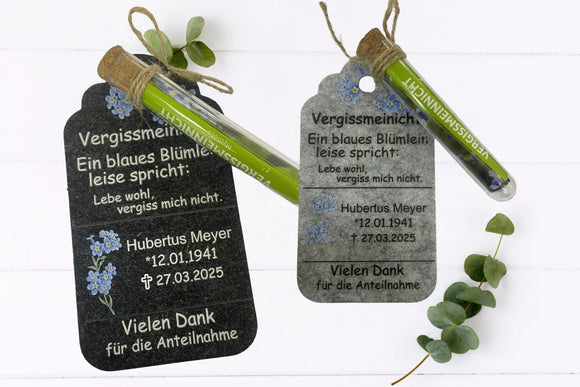 Erinnerungsgeschenk mit Namen, Geburts- und Sterbedatum und Blumenröhrchen