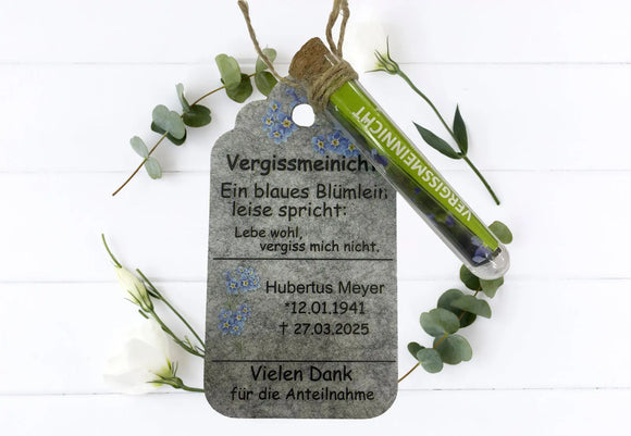 Reagenzglas mit echten Vergissmeinnicht und Spruch auf Filzanhänger