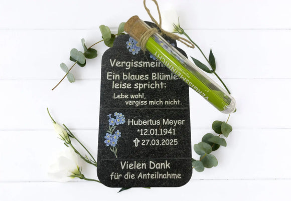 Dankeskarte zur Beerdigung aus Filz mit graviertem Text und Blume