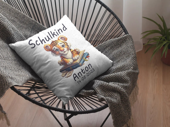 Einschulung Geschenk Kissen für Jungen mit süßem Tiger-Design