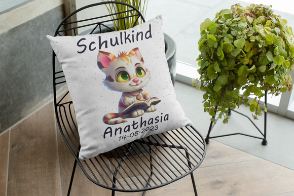 Kissen zur Einschulung mit Katze und Namensaufdruck