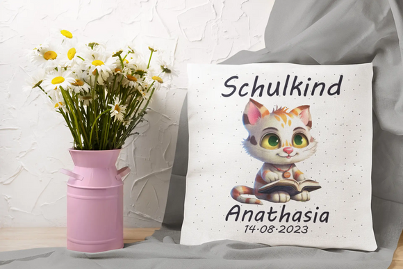 Originelles Schulkind-Kissen mit Katze als Geschenk