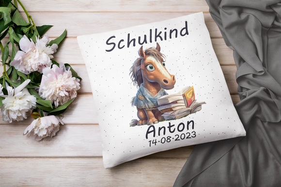 Einschulungsgeschenk mit Pferdemotiv und individueller Beschriftung