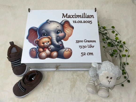 Geschenkidee Geburt – personalisierte Box mit Elefant & Teddy