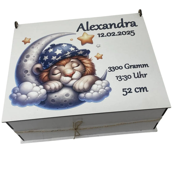 Schlafender Löwe auf Mond – Design für Baby-Erinnerungsbox