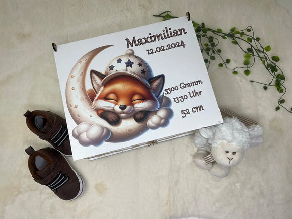 personalisierte Erinnerungsbox mit Fuchs auf Mond