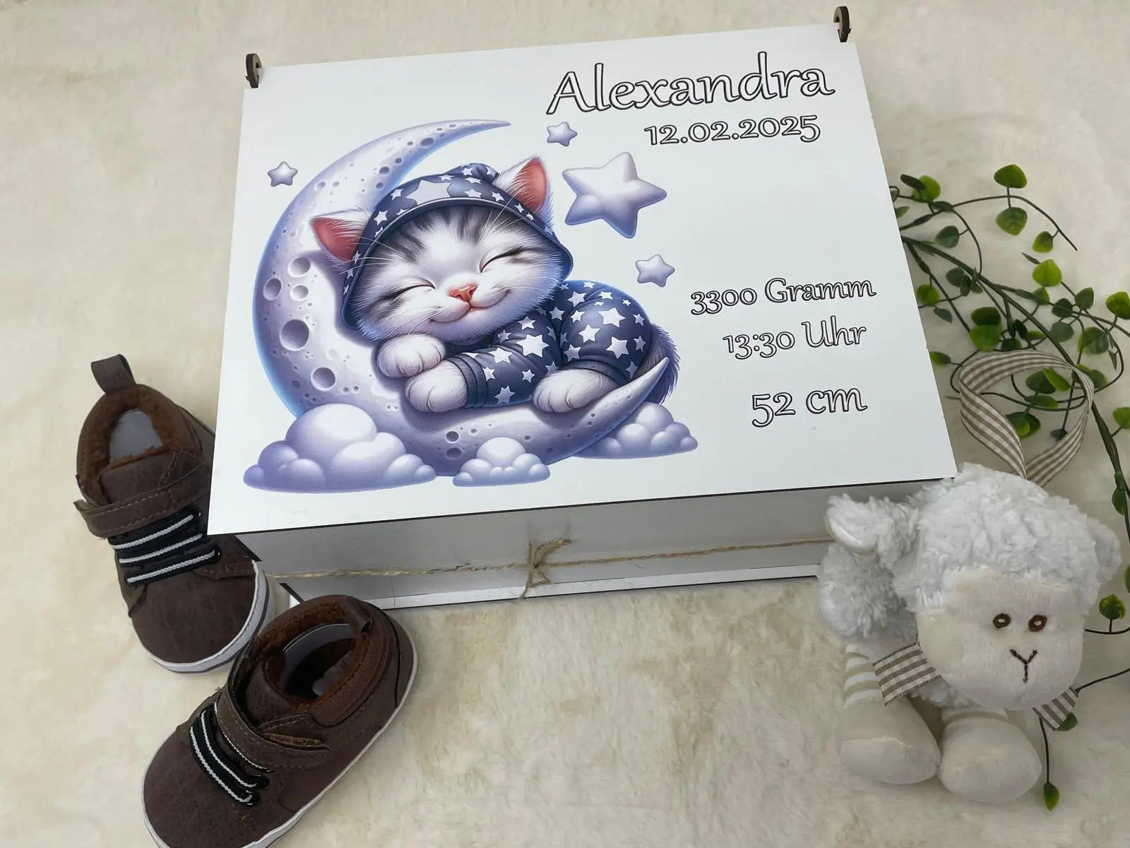 personalisierte Erinnerungsbox mit schlafender Katze auf Mond