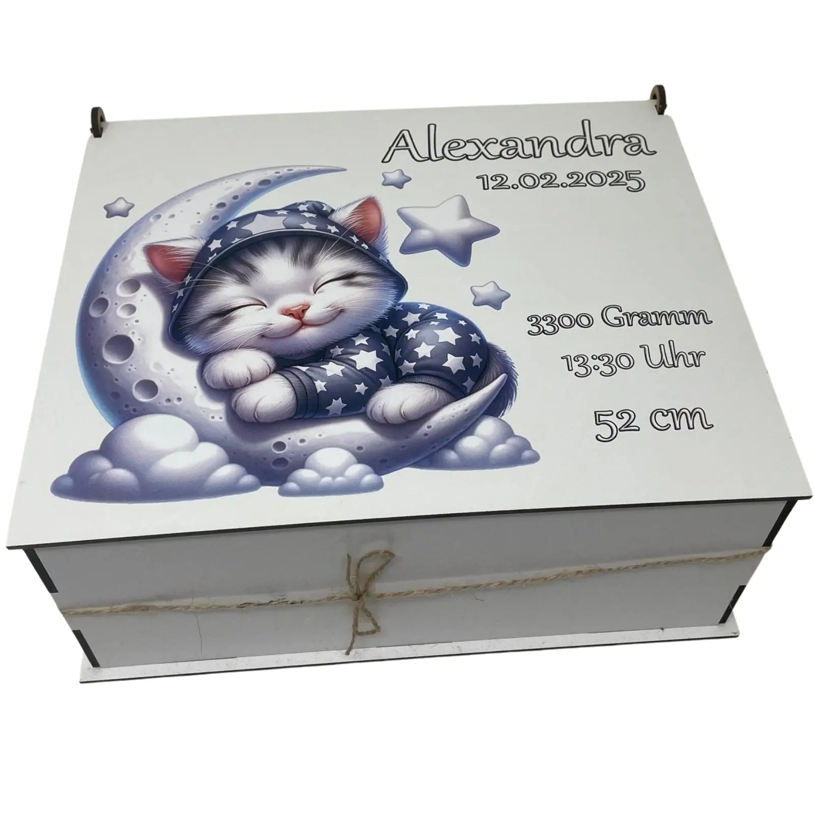 Katzenmotiv auf weißer Erinnerungsbox mit Name
