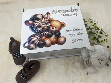 Personalisierte Erinnerungskiste für Babys mit Zebra und Teddybär