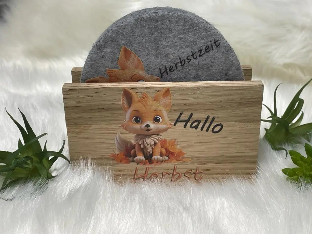 Hellgraue Filz Untersetzer Herbst mit Aufbewahrungsbox aus Holz