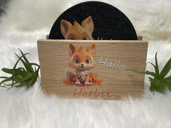 Filz Untersetzer mit herbstlichen Sprüchen und Fuchs-Illustration