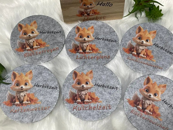 6er-Set Filz Untersetzer mit Fuchs und Holzbox im Herbstdesign