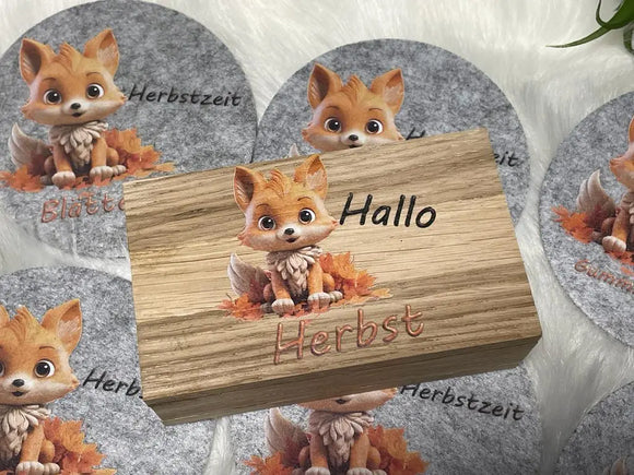 Aufbewahrungsbox aus Holz für Filz Untersetzer Herbst