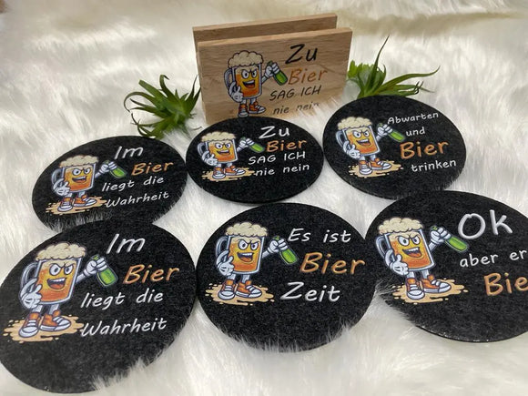 Lustige Bier-Untersetzer aus Filz mit Comic-Bierglas und Spruch