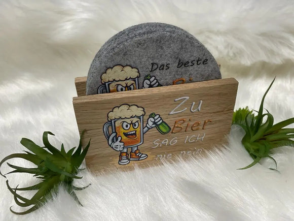 Runde Filzuntersetzer mit witzigem Biermotiv und frechem Text