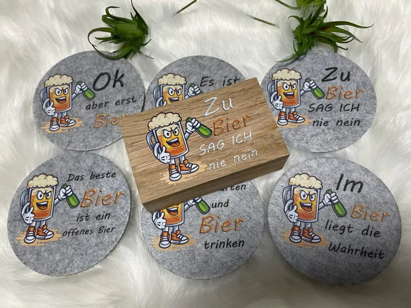 Lustige Filzuntersetzer im Bierdesign mit cooler Aufbewahrungsbox aus Holz