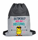 Lustiger Turnbeutel mit Spruch „Zu dicht? Geh auf Abstand“ und cooler Cartoon-Ente mit Sonnenbrille.