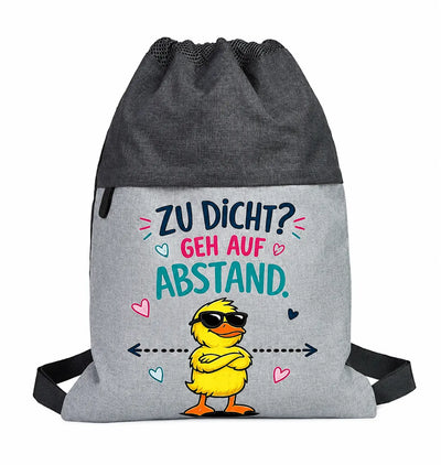 Lustiger Turnbeutel mit Spruch „Zu dicht? Geh auf Abstand“ und cooler Cartoon-Ente mit Sonnenbrille.