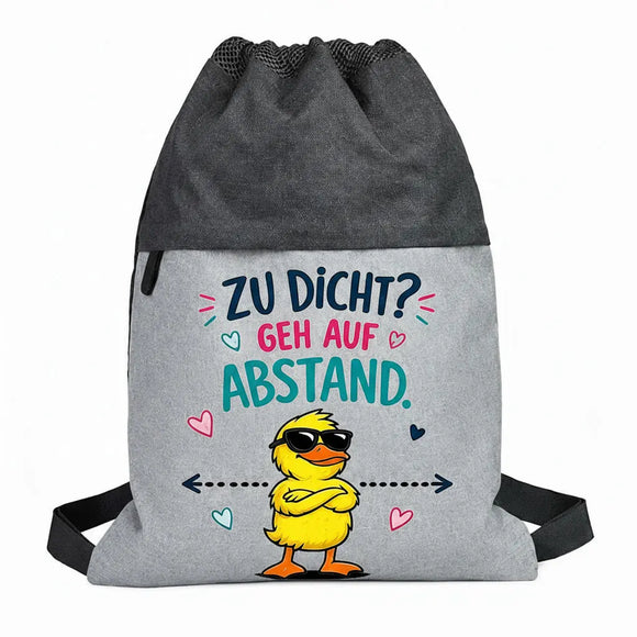 Stylischer Gymbag Damen mit lustigem Cartoon-Motiv und farbigem Textdesign.