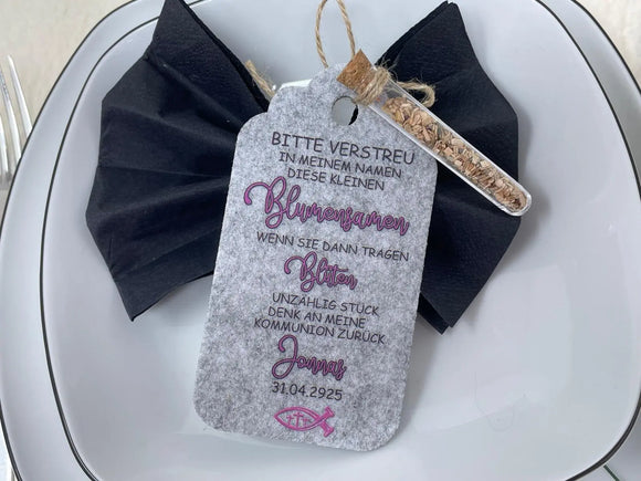 Gastgeschenk Kommunion personalisiert Reagenzglas mit Blumensamen, Gastgeschenk Taufe, Gastgeschenke Konfirmation, Fisch Tisch Deko Firmung Fadensalat-shop