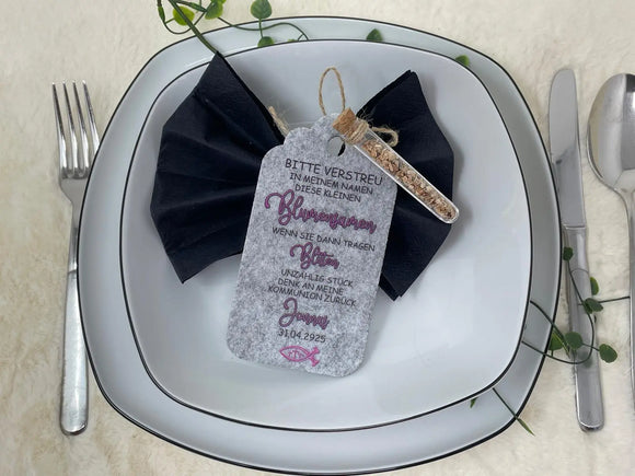 Gastgeschenk Kommunion personalisiert Reagenzglas mit Blumensamen, Gastgeschenk Taufe, Gastgeschenke Konfirmation, Fisch Tisch Deko Firmung Fadensalat-shop