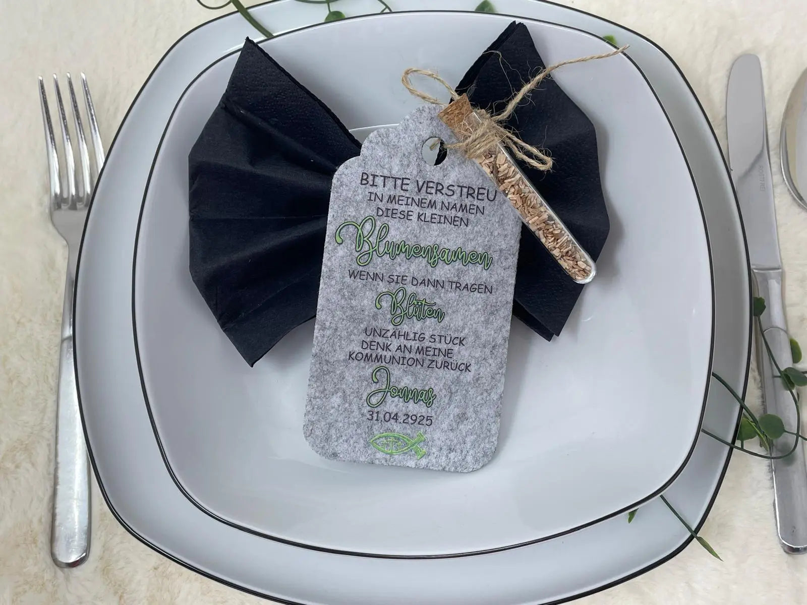 Gastgeschenk Kommunion personalisiert Reagenzglas mit Blumensamen, Gastgeschenk Taufe, Gastgeschenke Konfirmation, Fisch Tisch Deko Firmung Fadensalat-shop