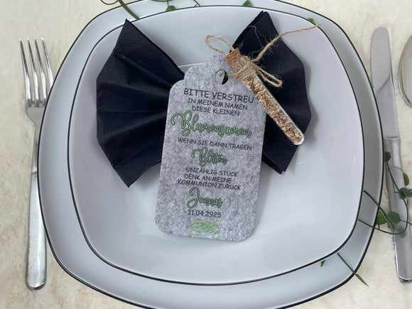 Gastgeschenk Kommunion personalisiert Reagenzglas mit Blumensamen, Gastgeschenk Taufe, Gastgeschenke Konfirmation, Fisch Tisch Deko Firmung Fadensalat-shop