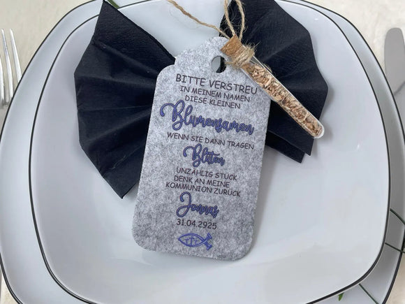 Gastgeschenk Kommunion personalisiert Reagenzglas mit Blumensamen, Gastgeschenk Taufe, Gastgeschenke Konfirmation, Fisch Tisch Deko Firmung Fadensalat-shop