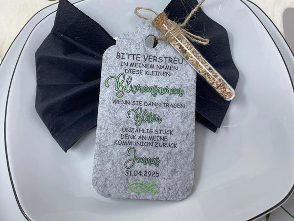 Gastgeschenk Kommunion personalisiert Reagenzglas mit Blumensamen, Gastgeschenk Taufe, Gastgeschenke Konfirmation, Fisch Tisch Deko Firmung Fadensalat-shop